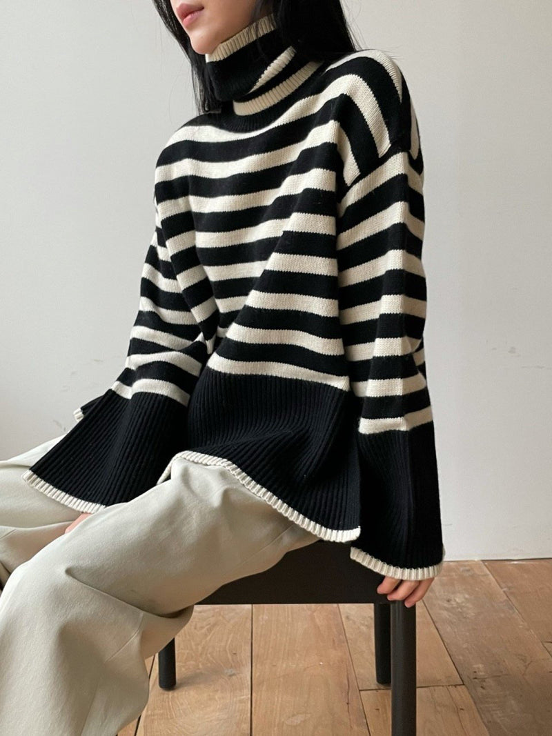 WOOL STRIPED TURTLENECK SIDE SLIT KNIT