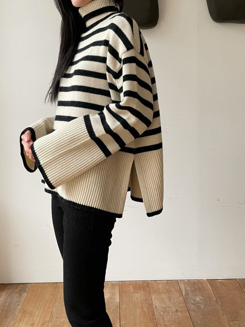 WOOL STRIPED TURTLENECK SIDE SLIT KNIT