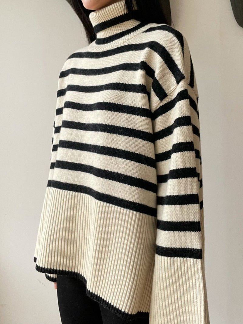 WOOL STRIPED TURTLENECK SIDE SLIT KNIT