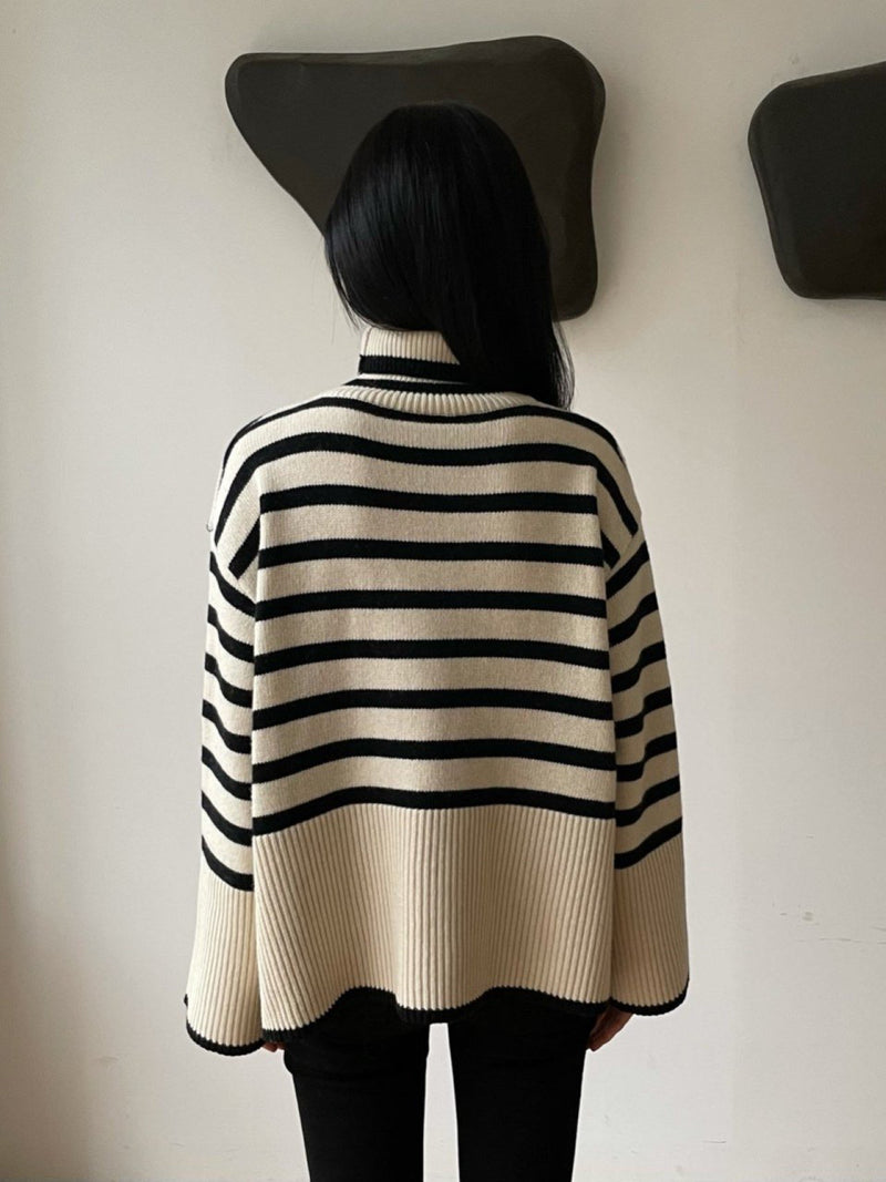 WOOL STRIPED TURTLENECK SIDE SLIT KNIT