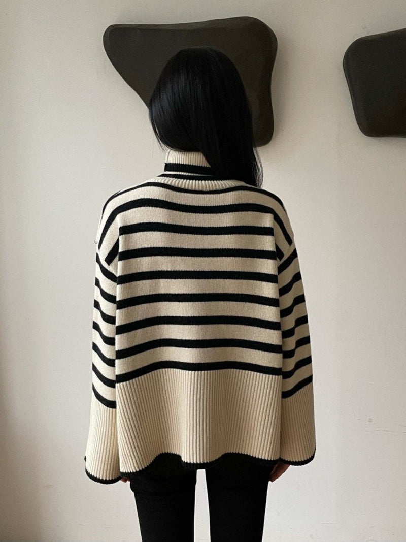 WOOL STRIPED TURTLENECK SIDE SLIT KNIT