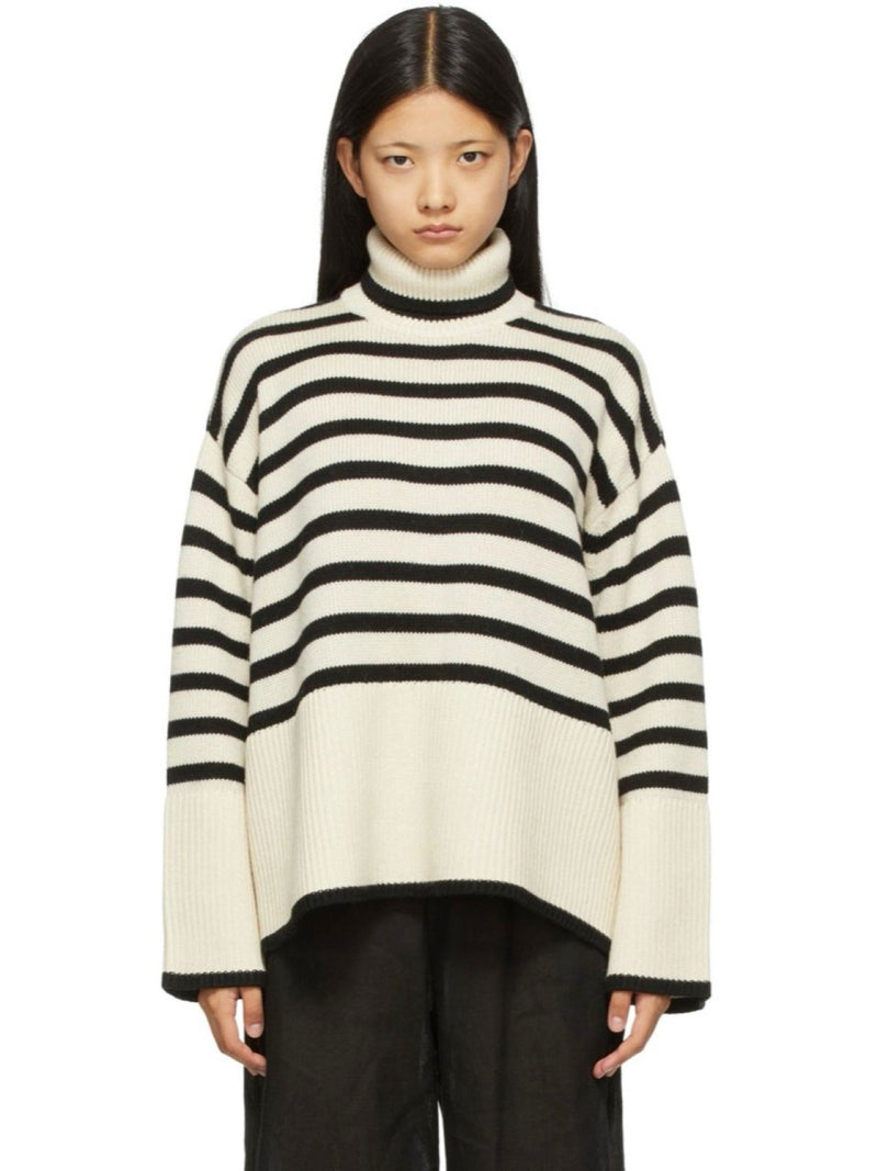 WOOL STRIPED TURTLENECK SIDE SLIT KNIT