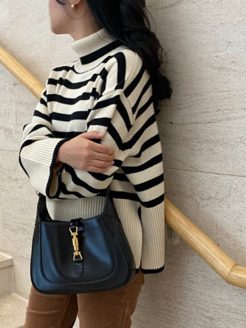 WOOL STRIPED TURTLENECK SIDE SLIT KNIT