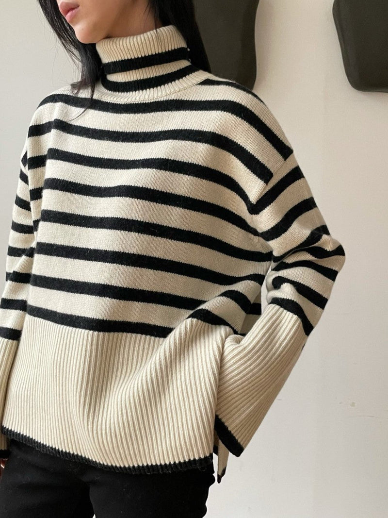 WOOL STRIPED TURTLENECK SIDE SLIT KNIT