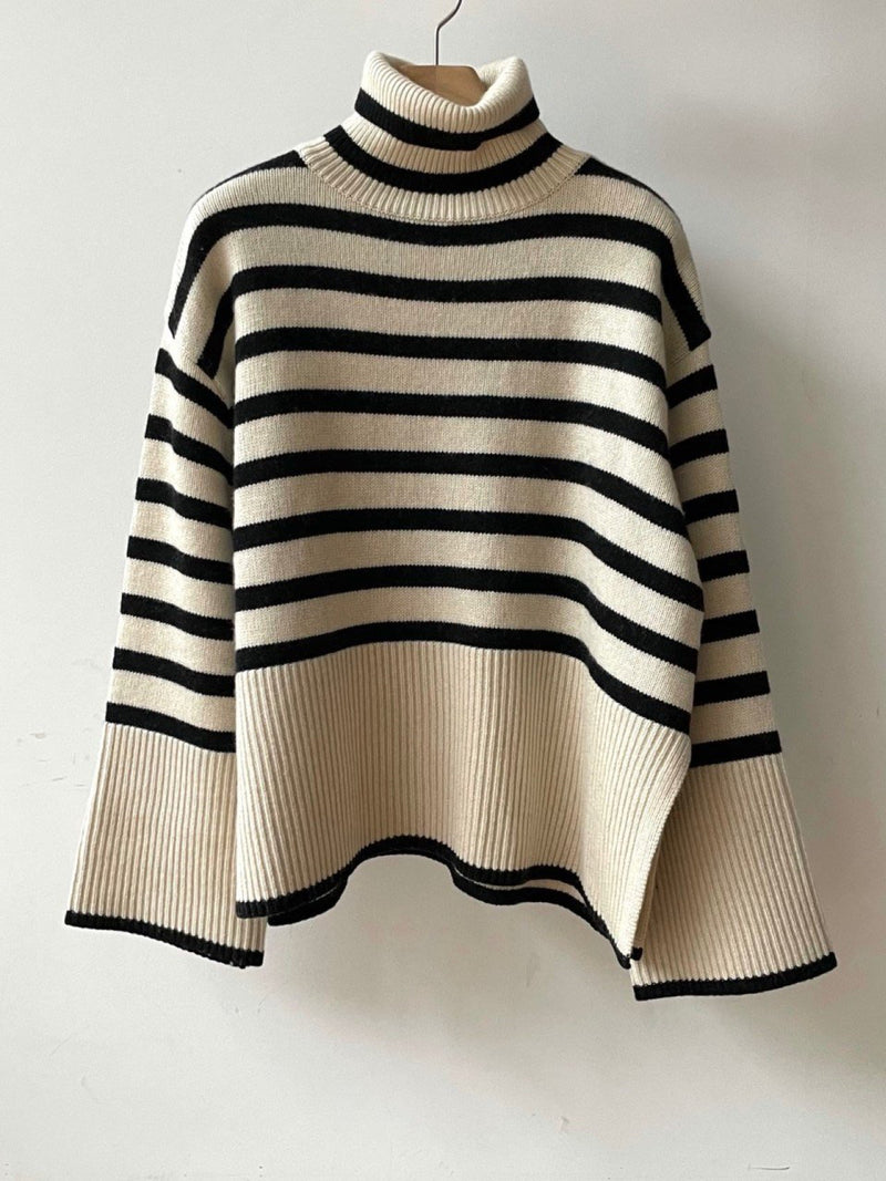 WOOL STRIPED TURTLENECK SIDE SLIT KNIT