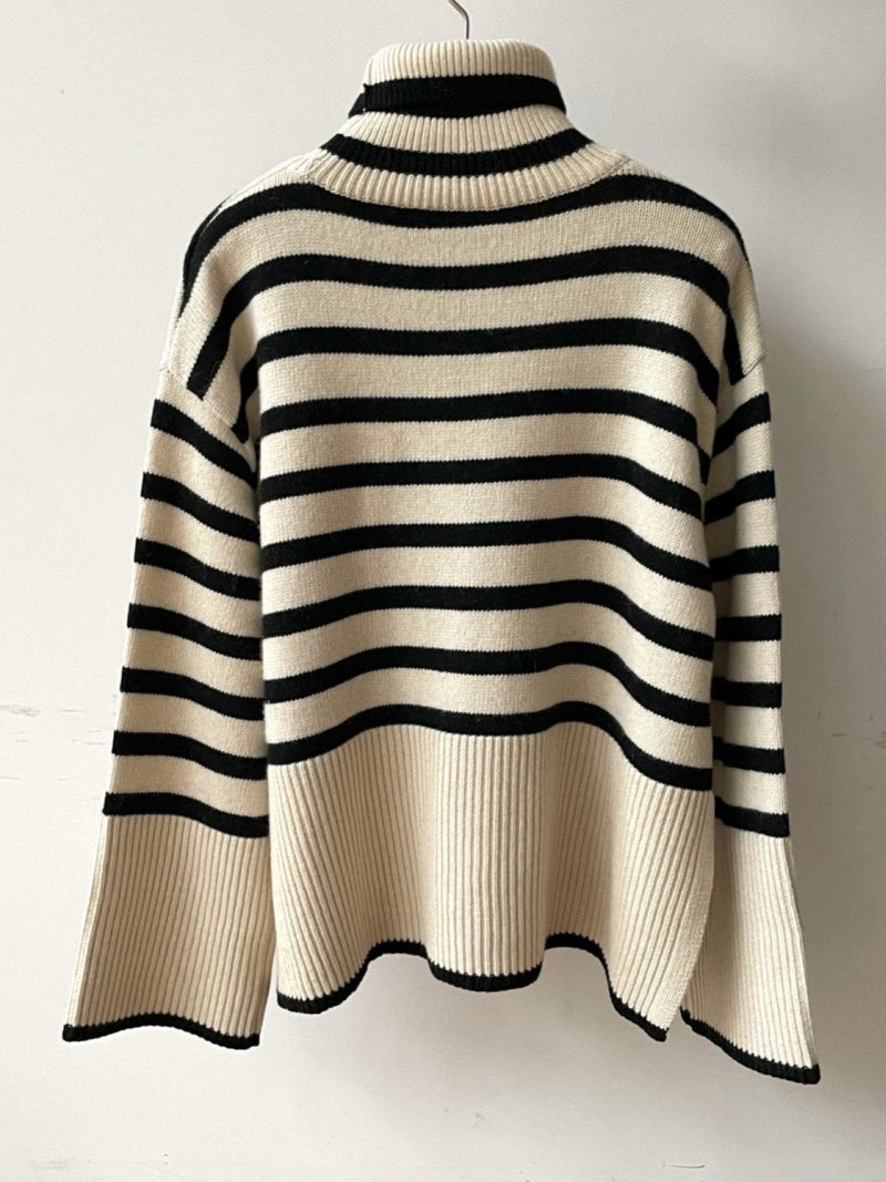 WOOL STRIPED TURTLENECK SIDE SLIT KNIT