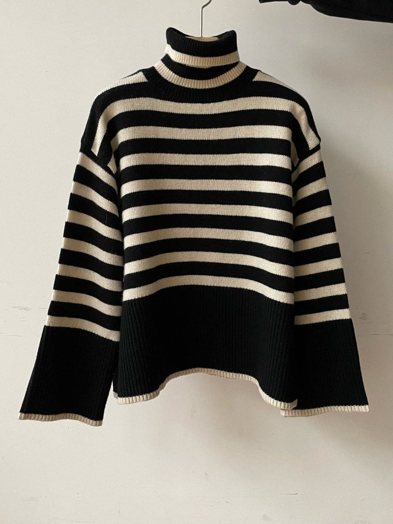 WOOL STRIPED TURTLENECK SIDE SLIT KNIT