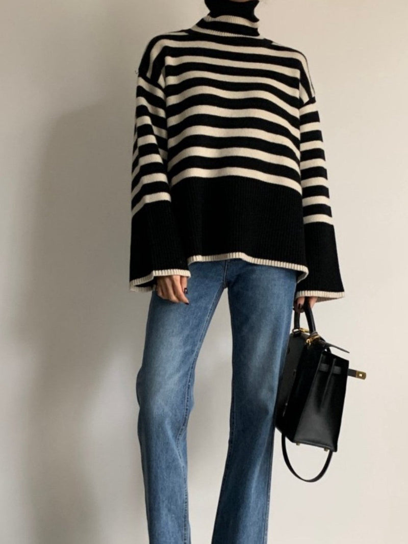 WOOL STRIPED TURTLENECK SIDE SLIT KNIT