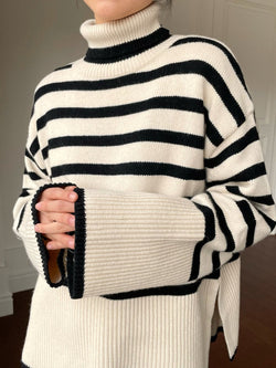 WOOL STRIPED TURTLENECK SIDE SLIT KNIT