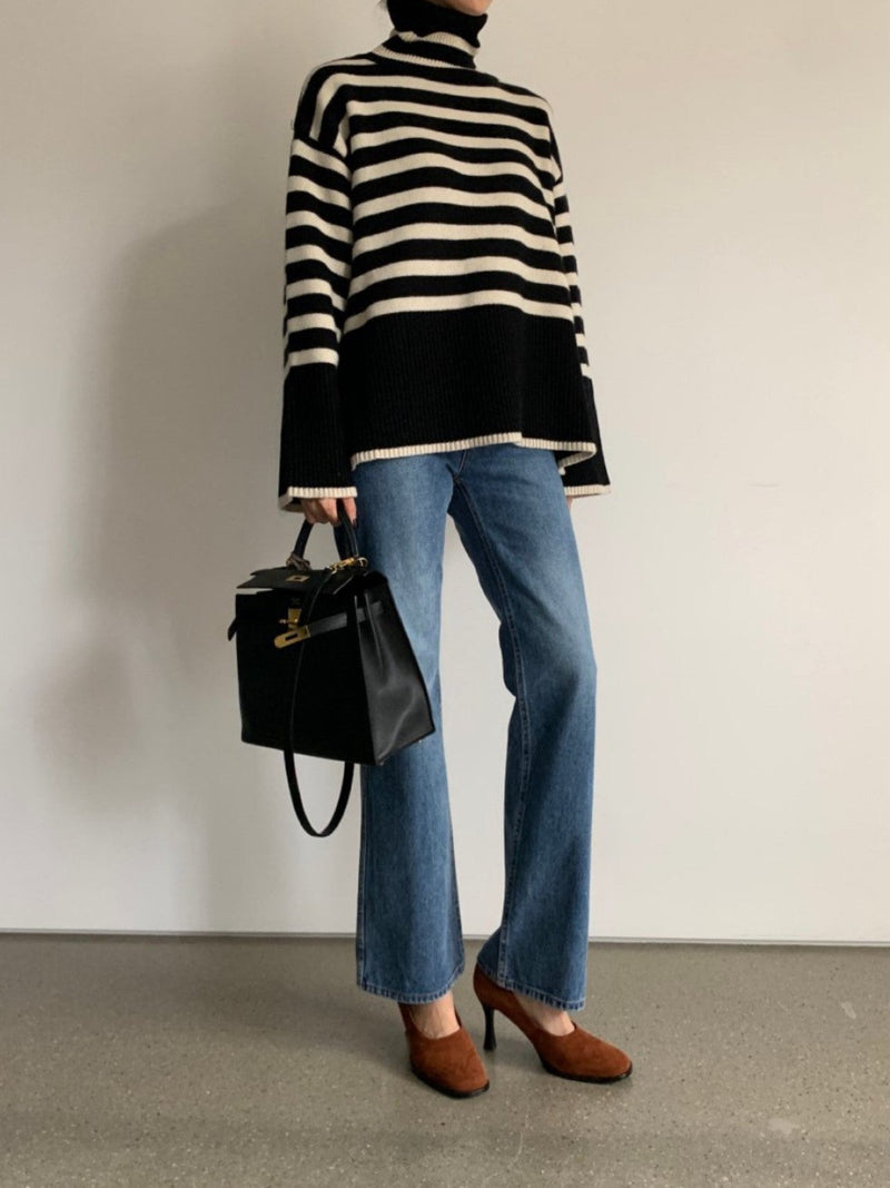 WOOL STRIPED TURTLENECK SIDE SLIT KNIT