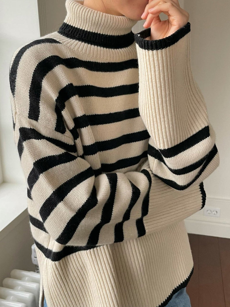 WOOL STRIPED TURTLENECK SIDE SLIT KNIT