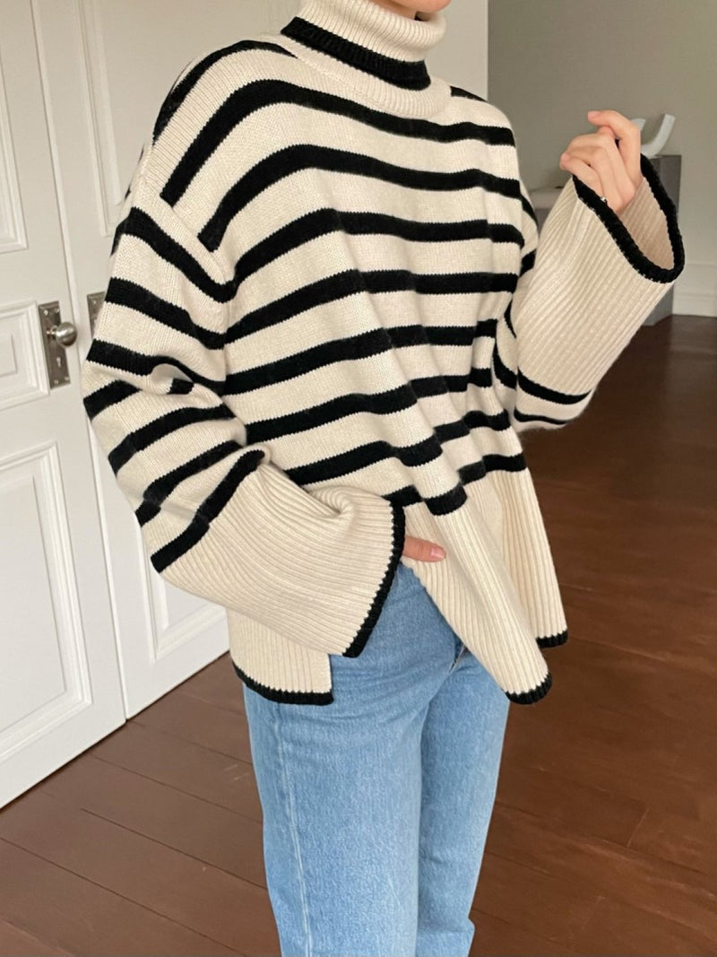 WOOL STRIPED TURTLENECK SIDE SLIT KNIT