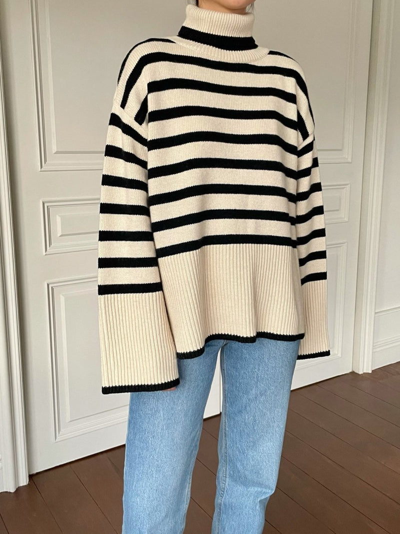 WOOL STRIPED TURTLENECK SIDE SLIT KNIT