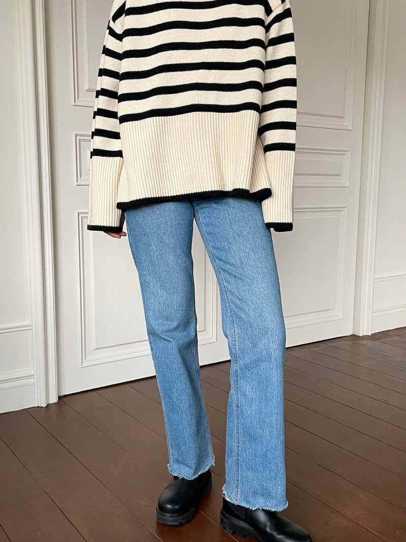 WOOL STRIPED TURTLENECK SIDE SLIT KNIT