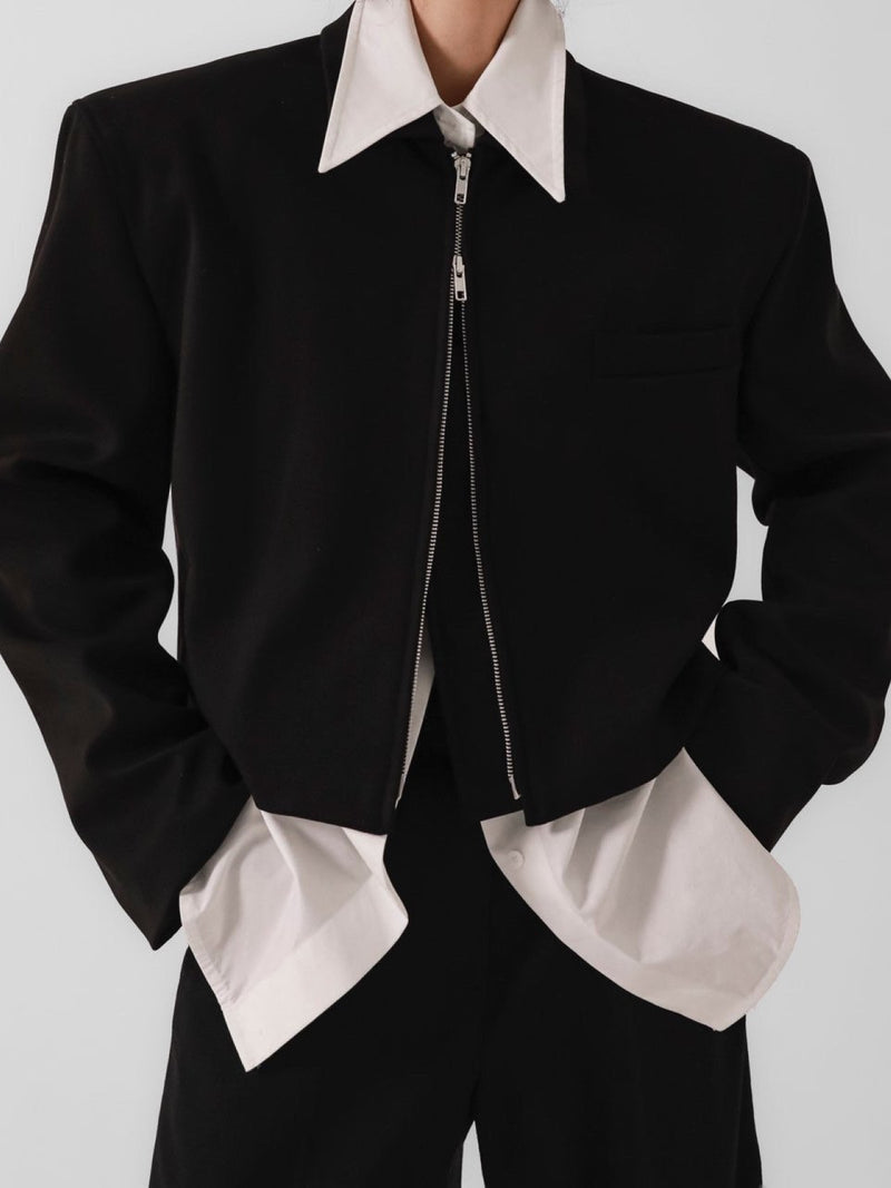 WOOL TWILL CROPPED TWO WAY ZIP JACKET