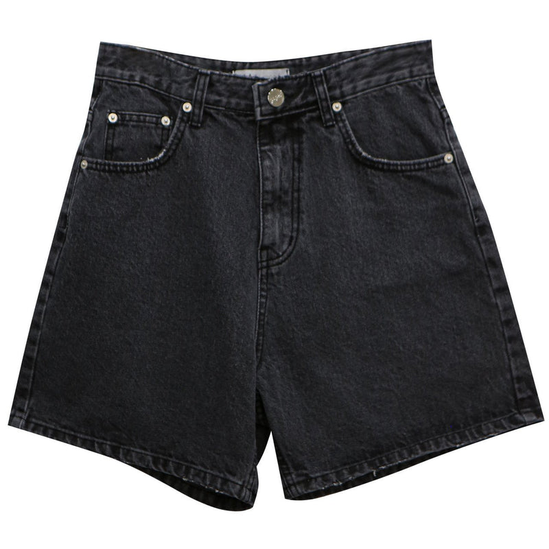 BLACK CINCH BACK DETAIL DENIM SHORTS