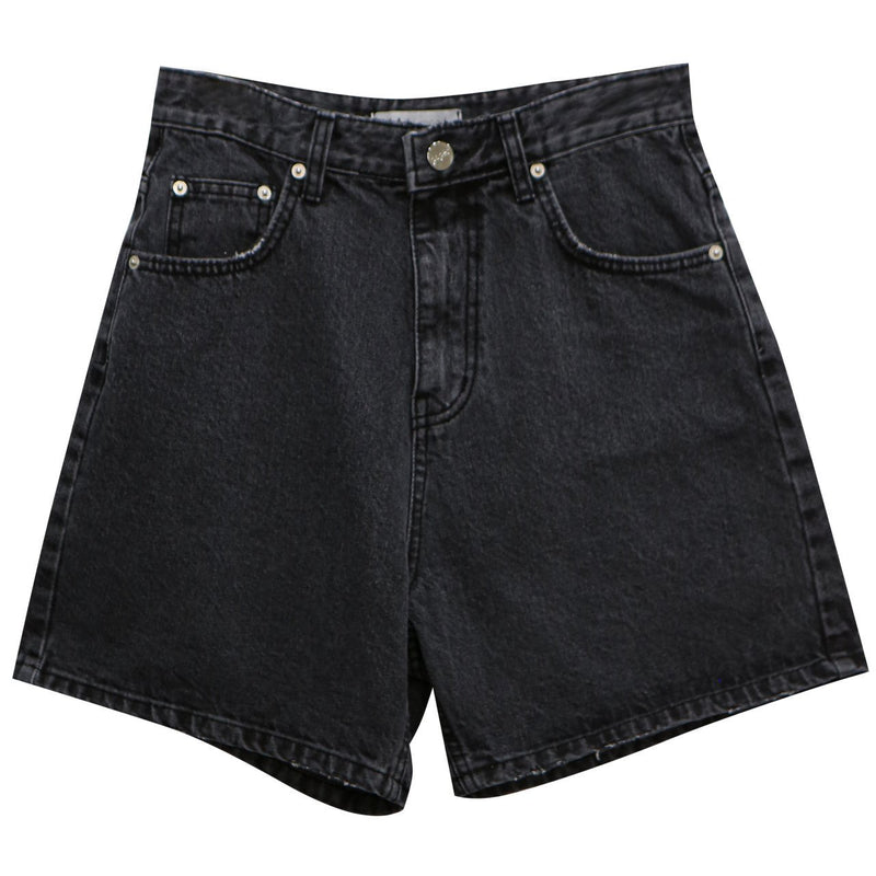 BLACK CINCH BACK DETAIL DENIM SHORTS