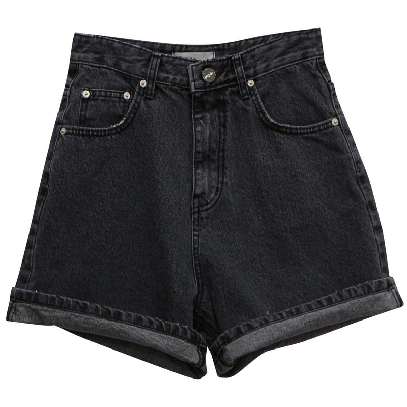 BLACK CINCH BACK DETAIL DENIM SHORTS