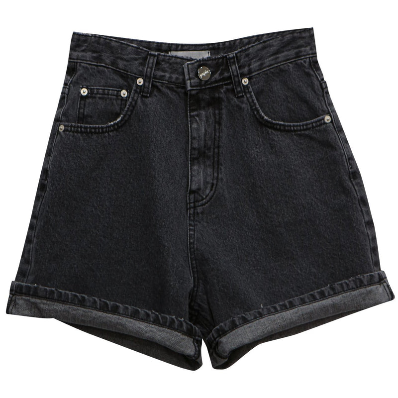 BLACK CINCH BACK DETAIL DENIM SHORTS