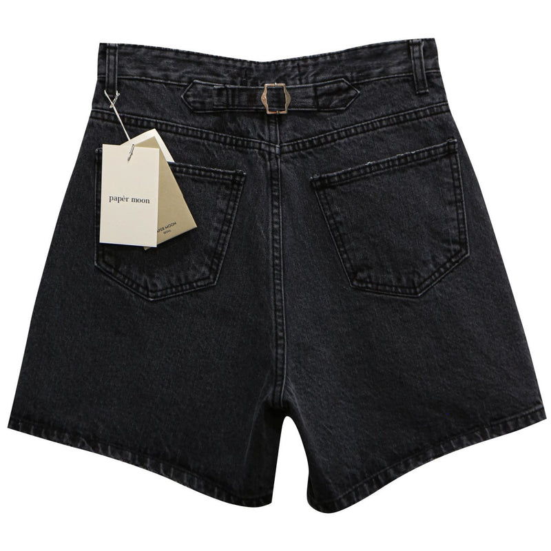 BLACK CINCH BACK DETAIL DENIM SHORTS