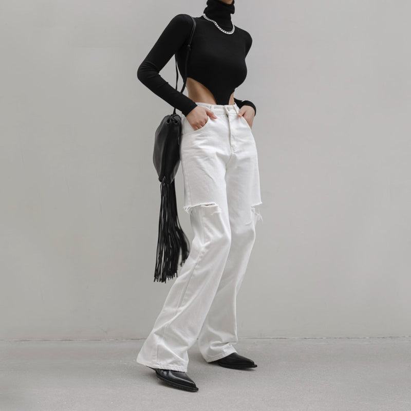 CUT OUT DETAIL WIDE LEG WHITE DENIM JEANS