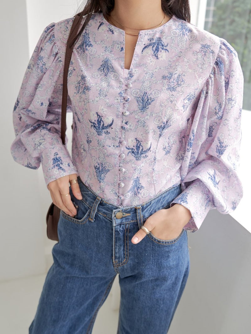 COLLARLESS LINEN BALLOON SLEEVE BLOUSE
