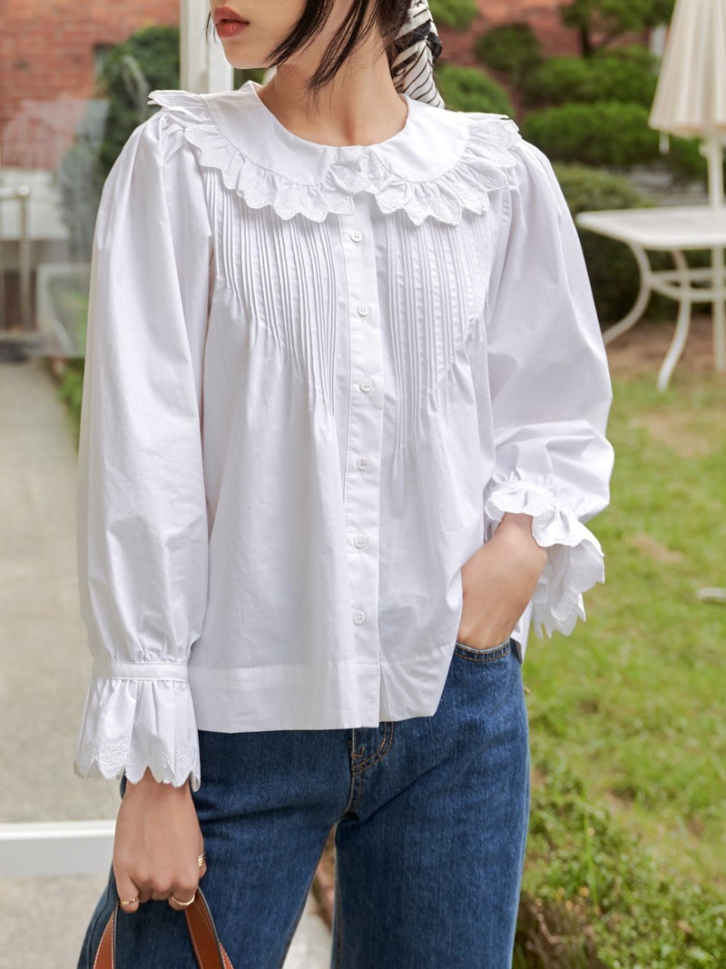 RUFFLE SHAWL COLLAR COTTON BLOUSE