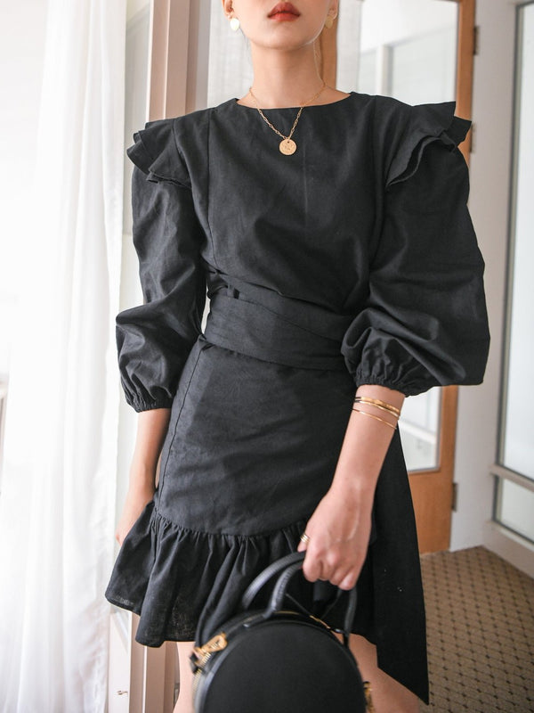 BALLOON SLEEVE RUFFLE DRESS