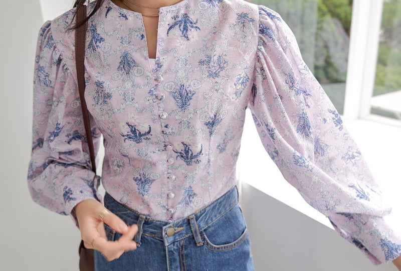 COLLARLESS LINEN BALLOON SLEEVE BLOUSE