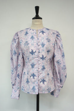 COLLARLESS LINEN BALLOON SLEEVE BLOUSE