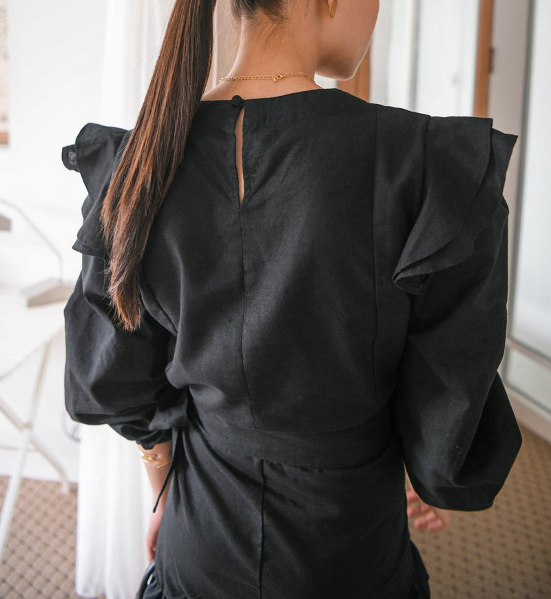 BALLOON SLEEVE RUFFLE DRESS