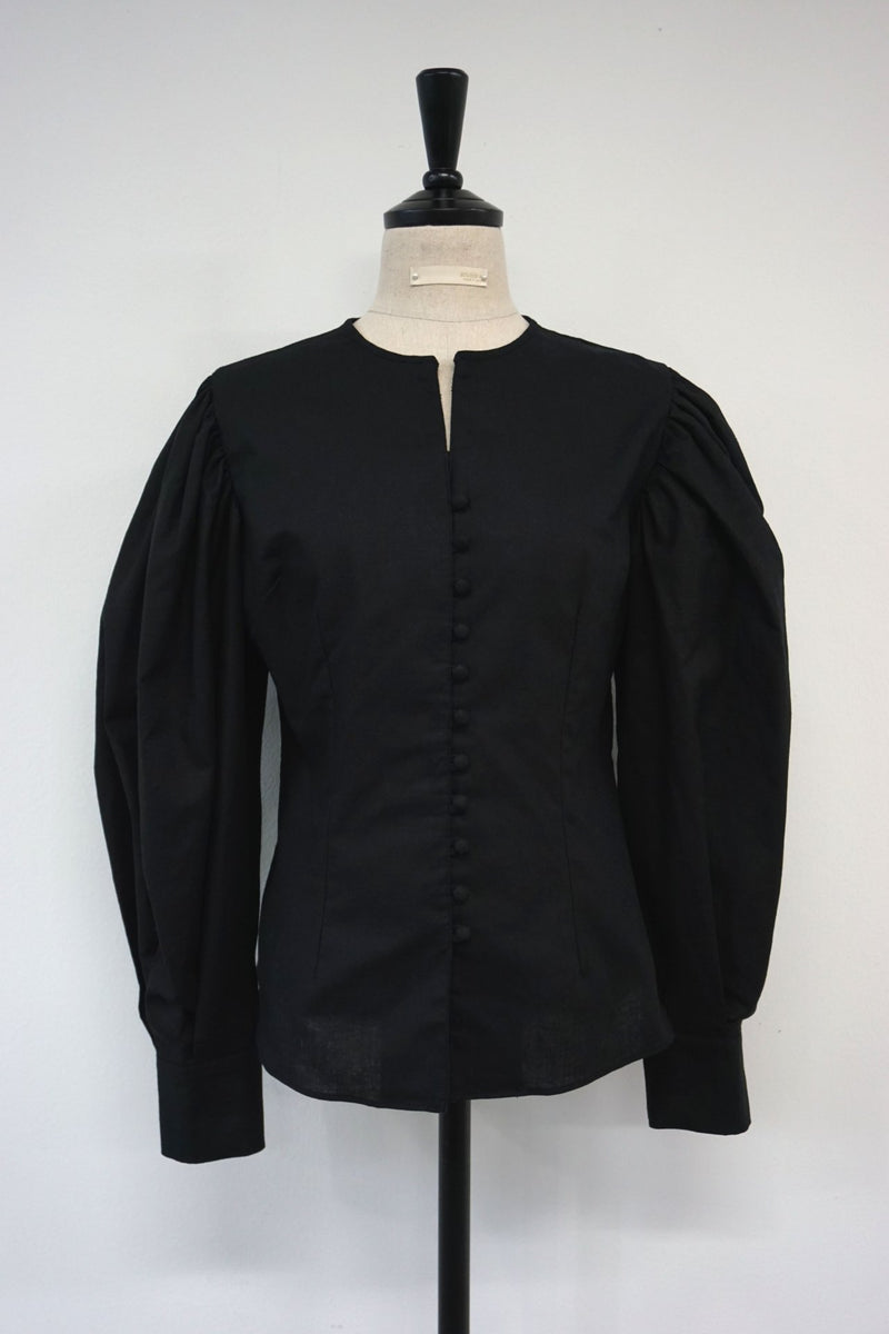 COLLARLESS LINEN BALLOON SLEEVE BLOUSE
