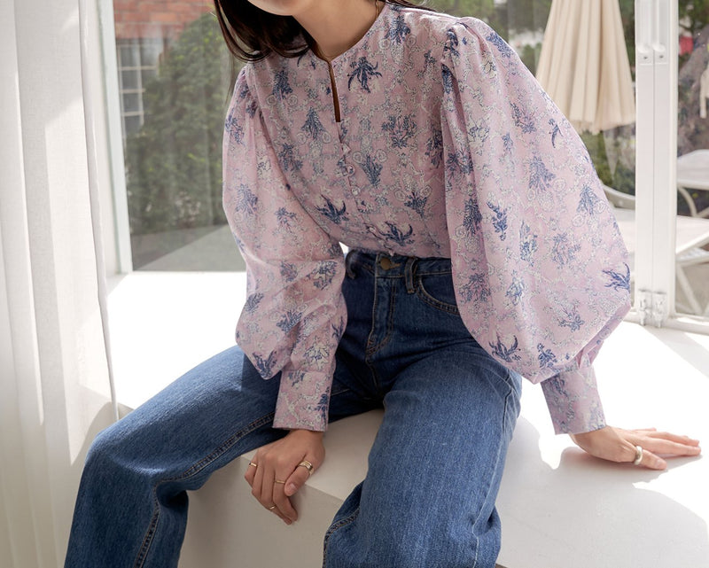 COLLARLESS LINEN BALLOON SLEEVE BLOUSE