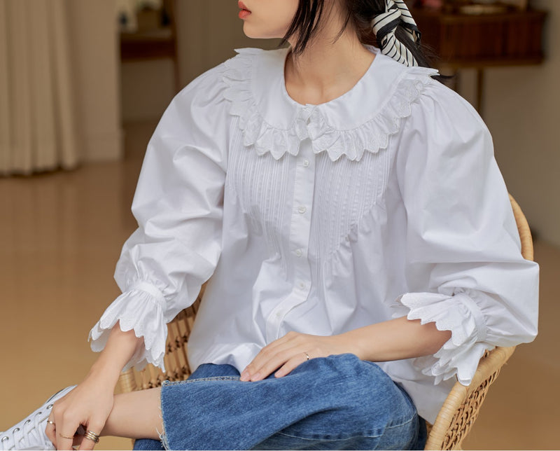 RUFFLE SHAWL COLLAR COTTON BLOUSE