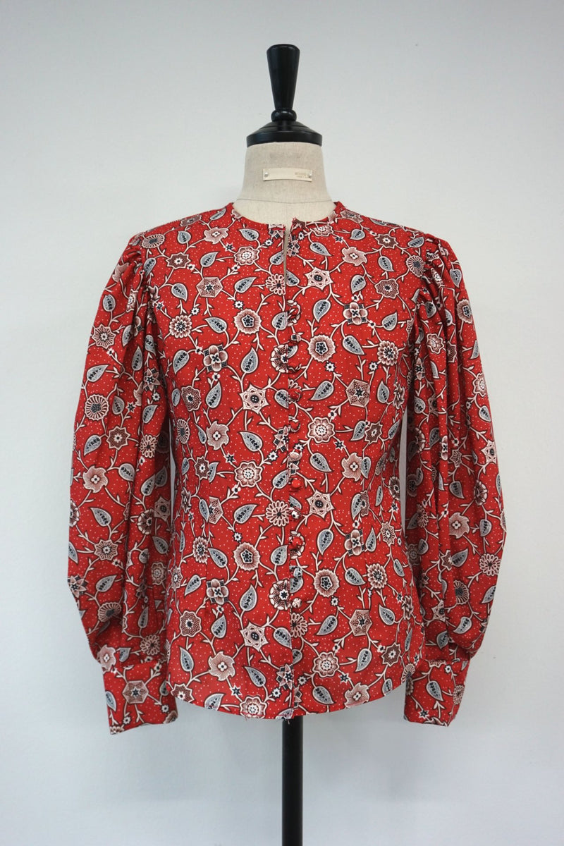 COLLARLESS LINEN BALLOON SLEEVE BLOUSE