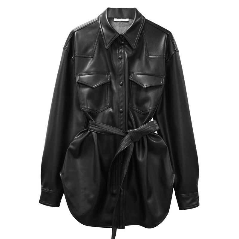 BELTED VEGAN LEATHER SHIRT