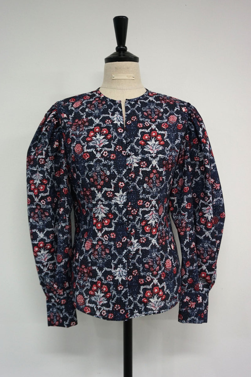 COLLARLESS LINEN BALLOON SLEEVE BLOUSE