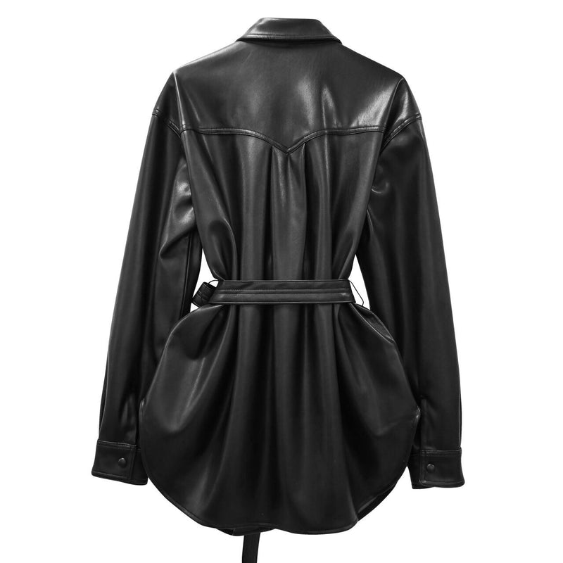 BELTED VEGAN LEATHER SHIRT