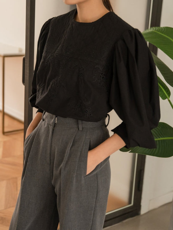 BALLOON SLEEVE EMBROIDERED COTTON BLOUSE