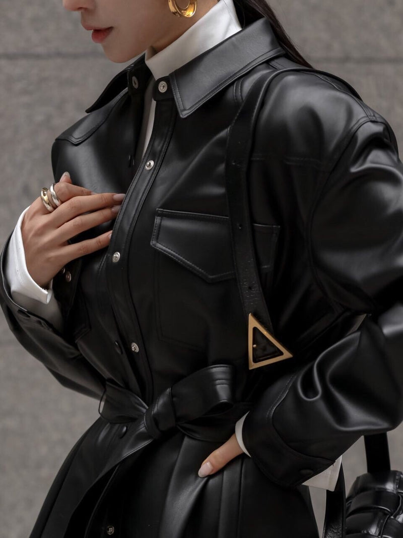 BELTED VEGAN LEATHER SHIRT