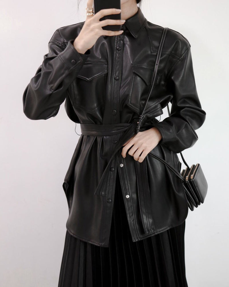 BELTED VEGAN LEATHER SHIRT