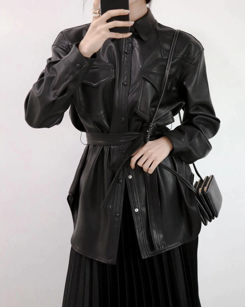 BELTED VEGAN LEATHER SHIRT