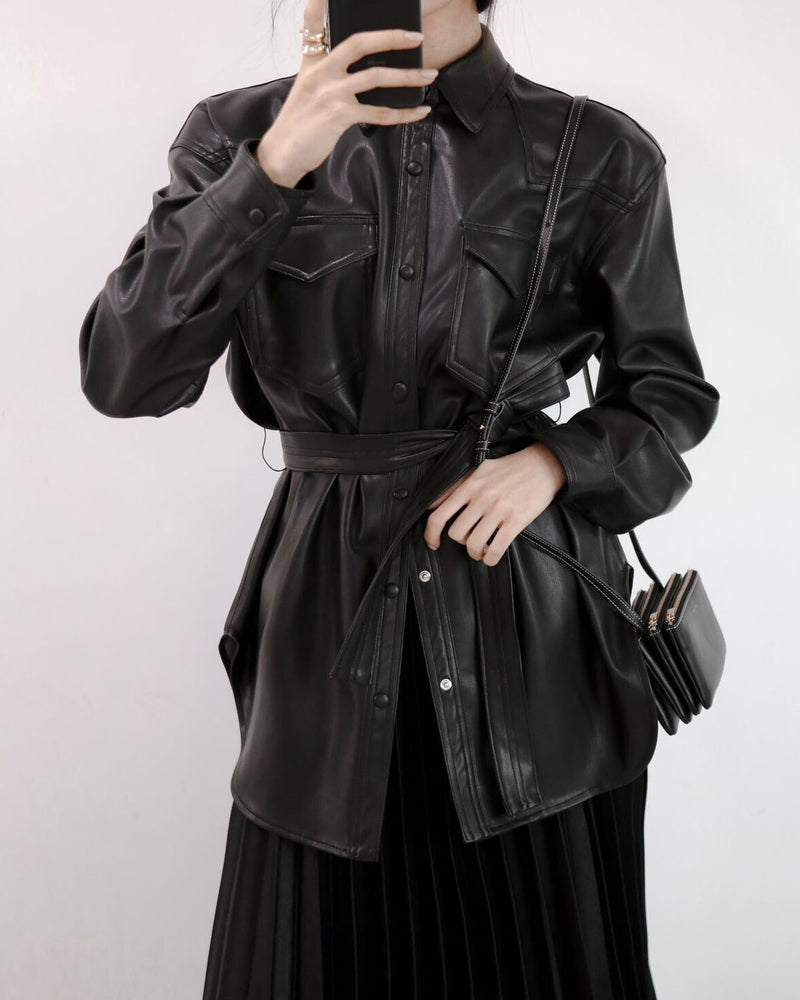BELTED VEGAN LEATHER SHIRT