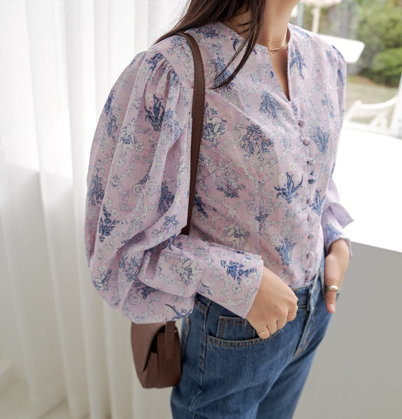COLLARLESS LINEN BALLOON SLEEVE BLOUSE