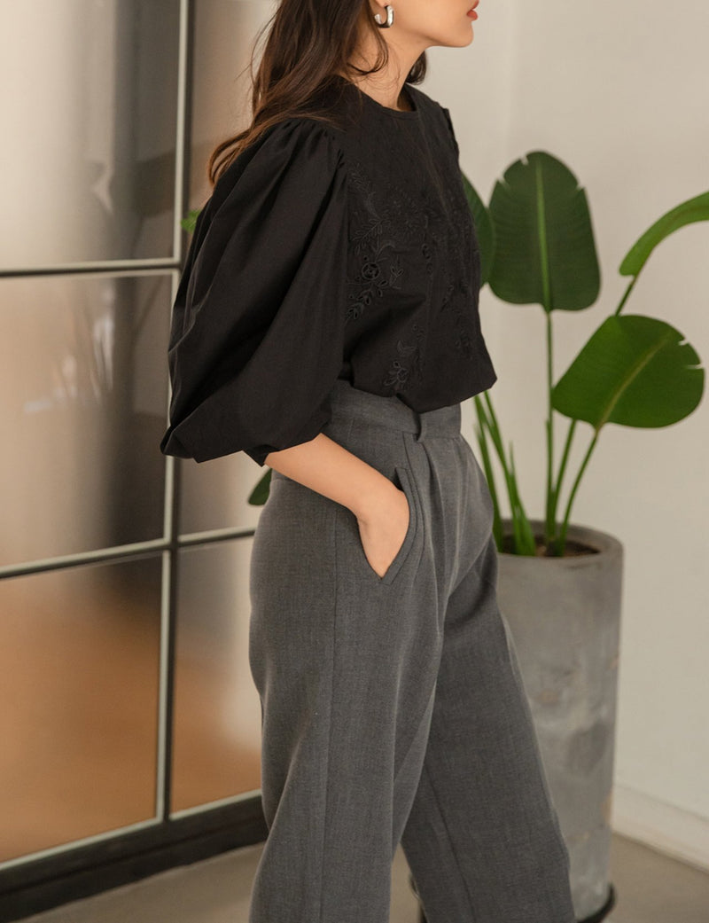BALLOON SLEEVE EMBROIDERED COTTON BLOUSE