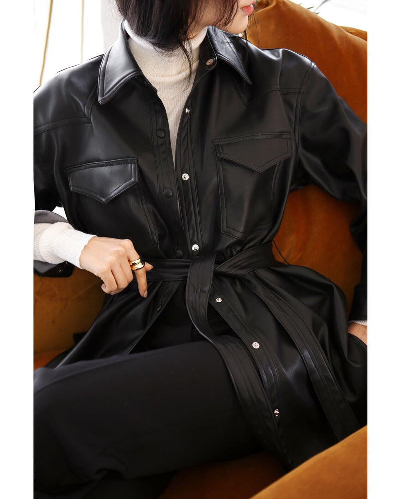 BELTED VEGAN LEATHER SHIRT