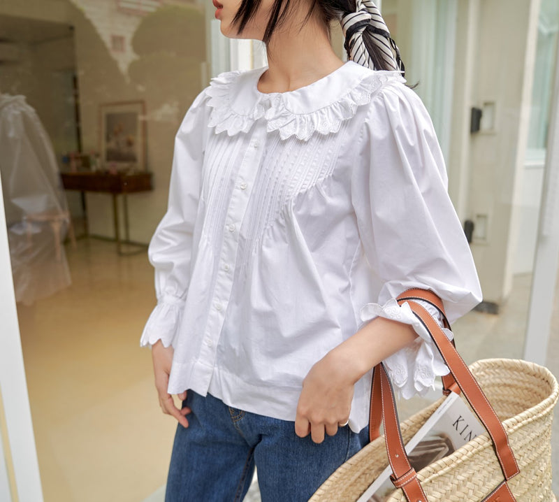 RUFFLE SHAWL COLLAR COTTON BLOUSE