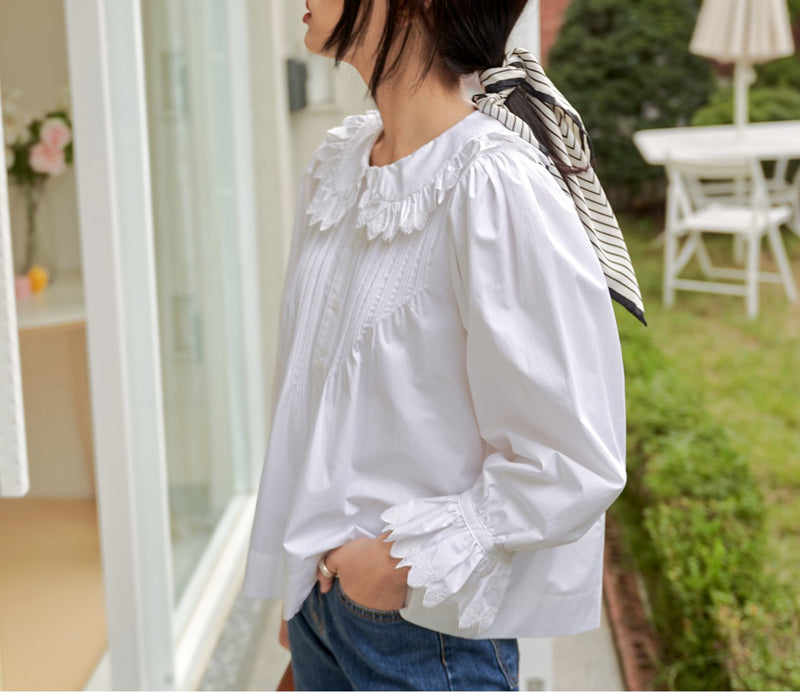 RUFFLE SHAWL COLLAR COTTON BLOUSE