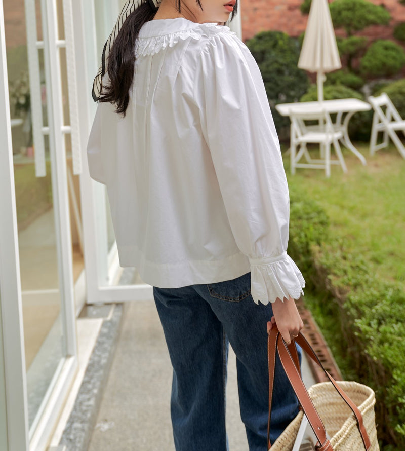 RUFFLE SHAWL COLLAR COTTON BLOUSE