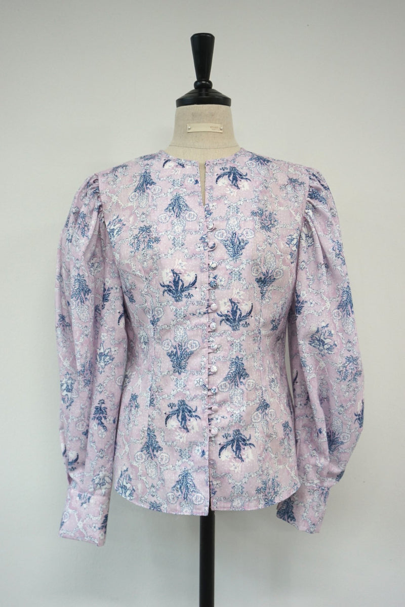 COLLARLESS LINEN BALLOON SLEEVE BLOUSE